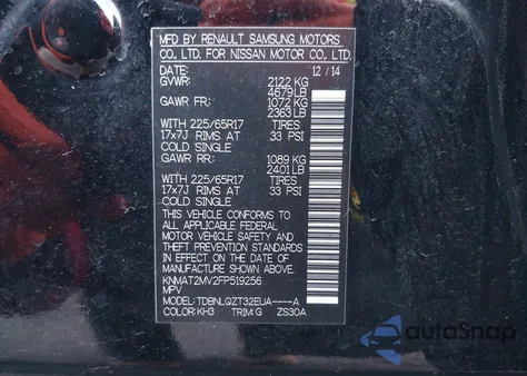 2015 Nissan Rogue Sv z USA, uszkodzony, nr VIN KNMAT2MV2FP519256